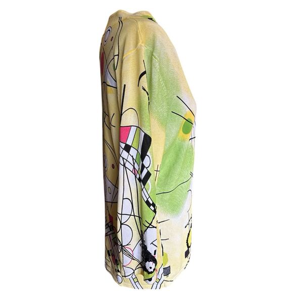 NVD Enveed Abstract Colorful Yellow V-Neck Lightweight Knit Sweater Sequin Bead - Picture 4 of 8